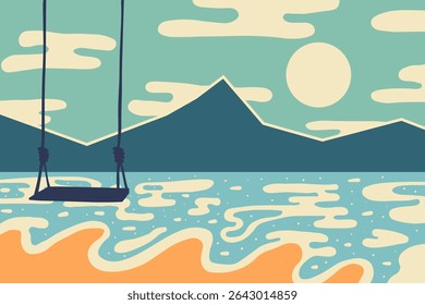 Abstract background with mountain view and swing. Vector illustration in flat style
