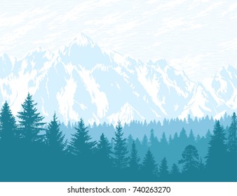 Abstract background. Mountains and forest wilderness landscape. Template for your design works. Hand drawn vector illustration.