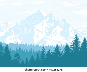 Abstract background. Mountains and forest wilderness landscape. Template for your design works. Hand drawn vector illustration.