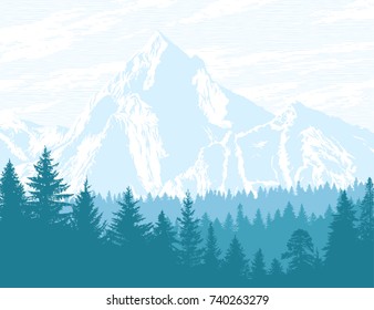 Abstract background. Mountains and forest wilderness landscape. Template for your design works. Hand drawn vector illustration.