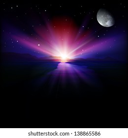 abstract background with mountains moon and sunrise