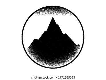 Abstract background with mountains sign or emblem in dotwork or tattoo retro style