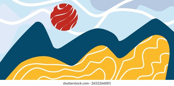 Fondo Abstractas con montañas, sol y olas. Ilustración vectorial para su diseño