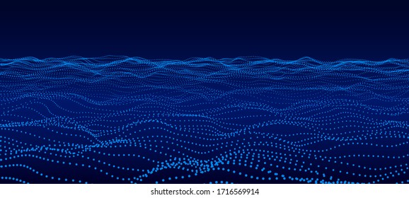 Abstract background of moving particles. Futuristic dotted 3D wave. Big data. Vector illustration.