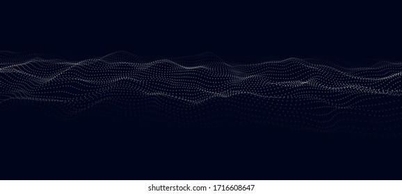 Abstract background of moving particles. Futuristic dotted 3D wave. Big data. Vector illustration.