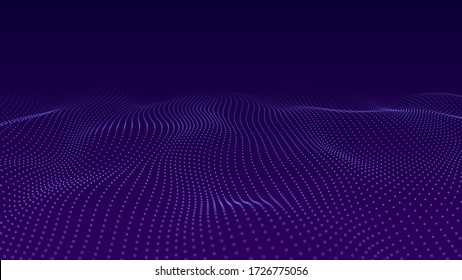 Abstract background of moving particles. Futuristic dotted 3D wave. Big data. Vector illustration.