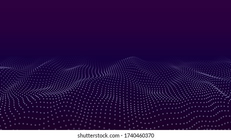 Abstract background of moving particles. Futuristic dotted 3D wave. Big data. Vector illustration.