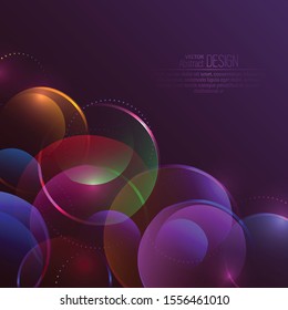 Abstract background from multicolored circles. Purple-based dynamic balls. Luminous transparent spheres with points and lines. Walling.Vector illustration.