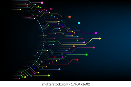 The abstract background is a multicolored circuit board that forms in the shape of an eye and provides space for text.