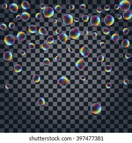 Abstract background with the multicolored realistic soap bubbles