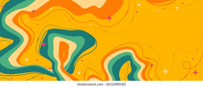 Abstract Background with Multicolored Shaky Lines and Curls on Yellow Background. Earthy design with molten shapes and retro colors. Ideal for bold prints, branding, posters, cards and psychedelic art