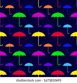 Abstract background multicolored umbrellas on blue, seamless pattern, texture for design, vector