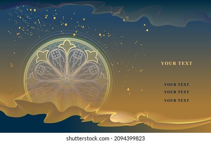 Abstract background for mural wallpaper with magic sign. Gold light and luxury geometric shapes with universe motifs. Vector illustration.