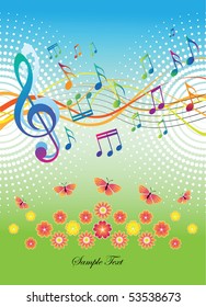 Abstract background with music and butterflies and flowers. The portfolio is similar to the picture.