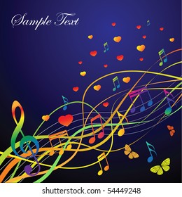 Abstract background with music and hearts and butterflies on a black background. The portfolio is similar to the picture.