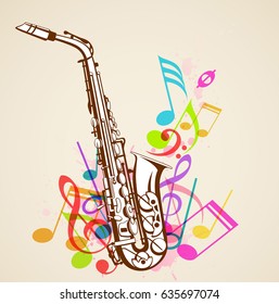 Abstract background with music notes and saxophone