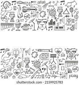 Abstract background music, with tape recorder, silhouette in circle shape. Vector doodle set musical instruments. hand drawn illustration