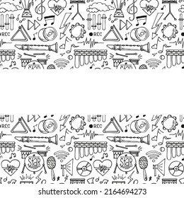 Abstract background music, with tape recorder, silhouette in circle shape. Vector doodle set musical instruments. hand drawn illustration