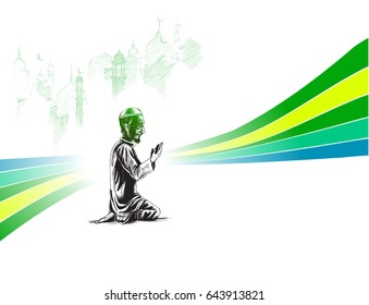 Abstract background with Muslim man praying ( Namaz, Islamic Prayer ) - Hand Drawn Sketch, Vector Background.
