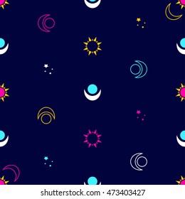 Abstract background with mystic ancient symbols of stars, sun, moon and dots. Night sky illustration