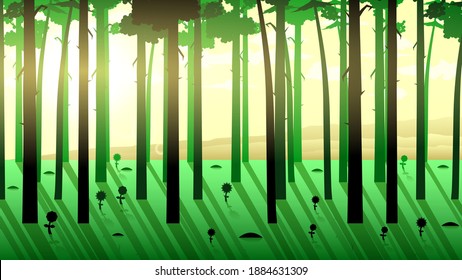 Abstract Background Nature With Trees Forest Clouds Sun Vector Design Style Silhouette Shadow Plants