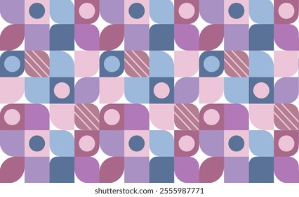 Abstract background in neo geometry style. Vector seamless pattern in the Bauhaus style. Composition of simple geometric shapes. Suitable for presentation, flyer and leaflet, cards.