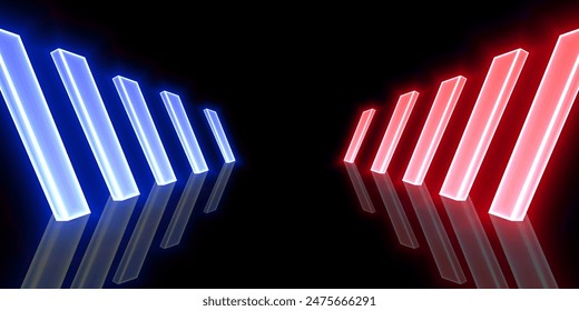 Abstract background with neon box lights of red and blue colors glowing on shiny reflecting stage, red and blue background. Versus on gamer banner background.