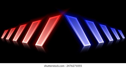Abstract background with neon box lights of red and blue colors glowing on shiny reflecting stage, red and blue background.