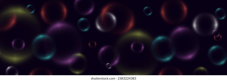 Fondo abstracto con burbujas de neón, bolas de vidrio coloridas iridiscentes o esferas sobre un fondo negro.