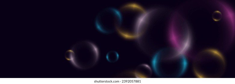 Abstract background with neon bubbles, iridescent colorful glass balls or spheres on a black background.