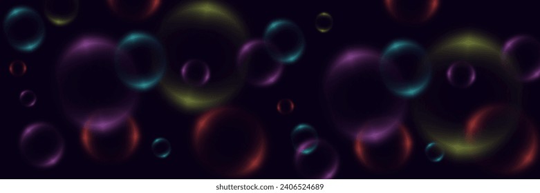 Fondo abstracto con burbujas de neón, bolas de vidrio coloridas iridiscentes o esferas sobre un fondo negro.