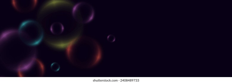 Fondo abstracto con burbujas de neón, bolas de vidrio coloridas iridiscentes o esferas sobre un fondo negro.