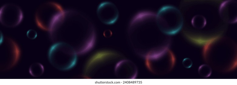 Fondo abstracto con burbujas de neón, bolas de vidrio coloridas iridiscentes o esferas sobre un fondo negro.