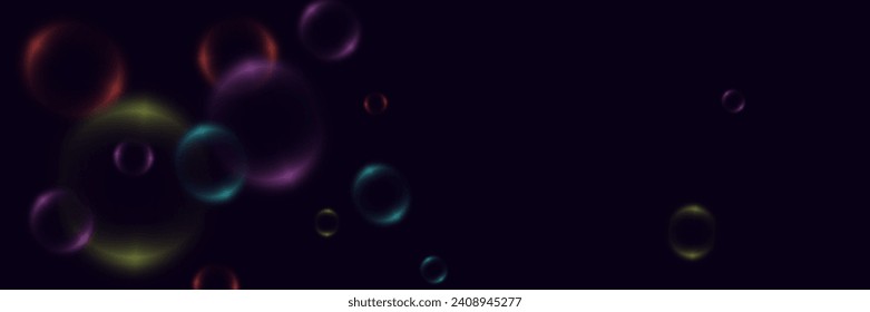 Abstract background with neon bubbles, iridescent colorful glass balls or spheres on a black background.