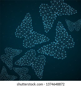 Abstract background with neon butterflyes of lines and dots, glowing polygonal geometric structure. Vector design