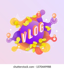 Abstract background with neon colored liquid drops and splashes vlog cover vector illustration isolated on background. Vlogging or blogging website banner template.
