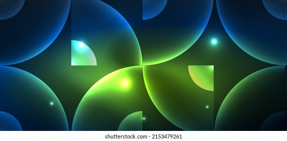 Fondo abstracto con efectos de luz neón brillante. Formas redondeadas, triángulos y círculos. Fondo de escritorio para el concepto de tecnología de IA, blockchain, comunicación, 5G, ciencia, negocios y tecnología