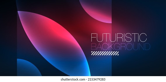 Abstrakter Hintergrund mit neonenglühenden Lichteffekten. Rundformen, Dreiecke und Kreise. Bildschirmhintergrund für das Konzept der AI-Technologie, Blockchain, Communication, 5G, Wissenschaft, Wirtschaft und Technologie