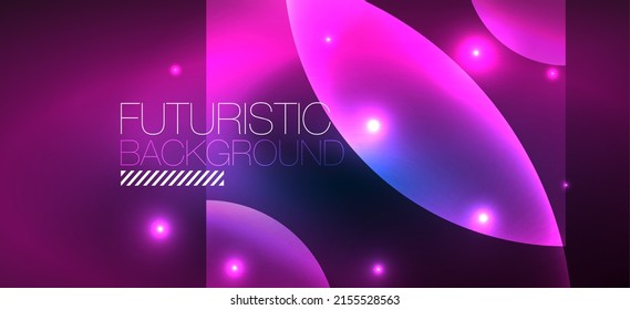 Abstract background with neon glowing light effects. Round shapes, triangles and circles. Wallpaper for concept of AI technology, blockchain, communication, 5G, science, business and technology