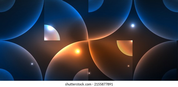 Abstract background with neon glowing light effects. Round shapes, triangles and circles. Wallpaper for concept of AI technology, blockchain, communication, 5G, science, business and technology