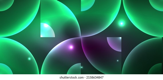 Abstract Background With Neon Glowing Light Effects. Round Shapes, Triangles And Circles. Wallpaper For Concept Of AI Technology, Blockchain, Communication, 5G, Science, Business And Technology