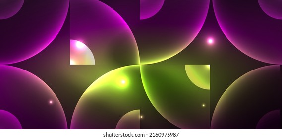 Abstract background with neon glowing light effects. Round shapes, triangles and circles. Wallpaper for concept of AI technology, blockchain, communication, 5G, science, business and technology