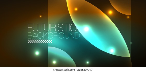 Abstract background with neon glowing light effects. Round shapes, triangles and circles. Wallpaper for concept of AI technology, blockchain, communication, 5G, science, business and technology