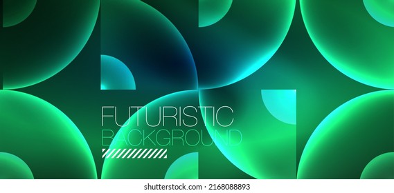 Abstract background with neon glowing light effects. Round shapes, triangles and circles. Wallpaper for concept of AI technology, blockchain, communication, 5G, science, business and technology