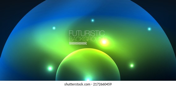Abstract background with neon glowing light effects. Round shapes, triangles and circles. Wallpaper for concept of AI technology, blockchain, communication, 5G, science, business and technology