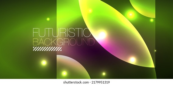 Abstract background with neon glowing light effects. Round shapes, triangles and circles. Wallpaper for concept of AI technology, blockchain, communication, 5G, science, business and technology