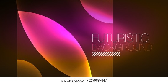 Abstract background with neon glowing light effects. Round shapes, triangles and circles. Wallpaper for concept of AI technology, blockchain, communication, 5G, science, business and technology
