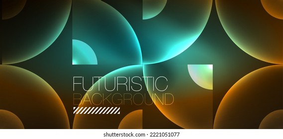 Abstract background with neon glowing light effects. Round shapes, triangles and circles. Wallpaper for concept of AI technology, blockchain, communication, 5G, science, business and technology