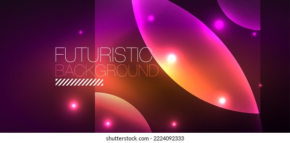 Fondo abstracto con efectos de luz neón brillante. Formas redondeadas, triángulos y círculos. Fondo de escritorio para el concepto de tecnología de IA, blockchain, comunicación, 5G, ciencia, negocios y tecnología