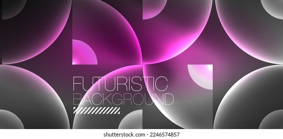 Abstract background with neon glowing light effects. Round shapes, triangles and circles. Wallpaper for concept of AI technology, blockchain, communication, 5G, science, business and technology